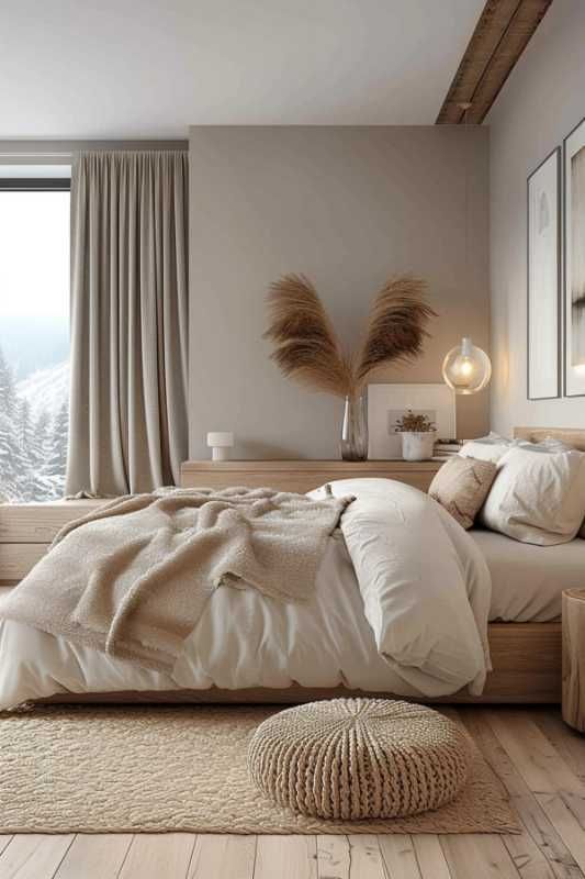 a bedroom with a large bed and wooden floors in front of a window that looks out onto the snowy mountains