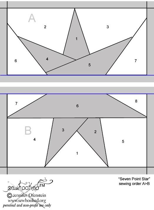 the star quilt block pattern is shown in two different sizes and has four sections to each side