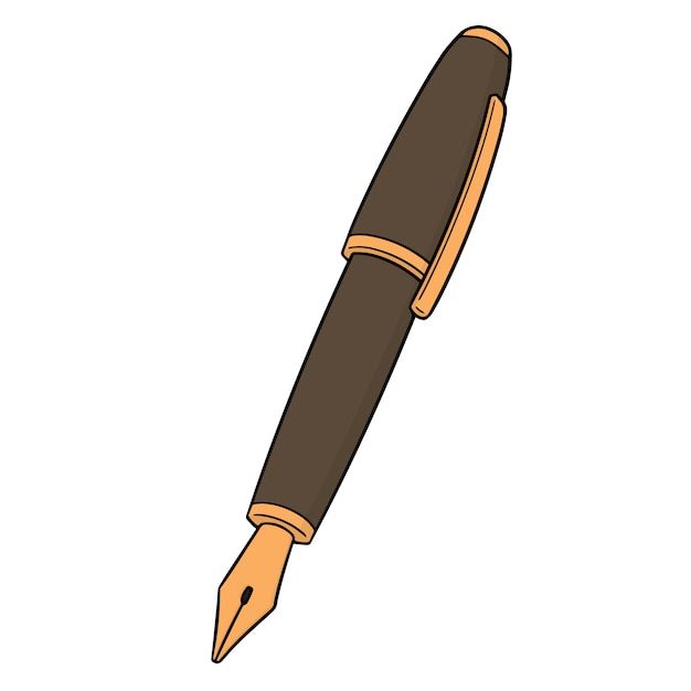 a pen that is sitting on top of a white surface and has brown writing on it