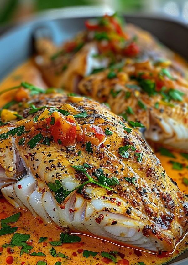 two fish on a plate with sauce and herbs