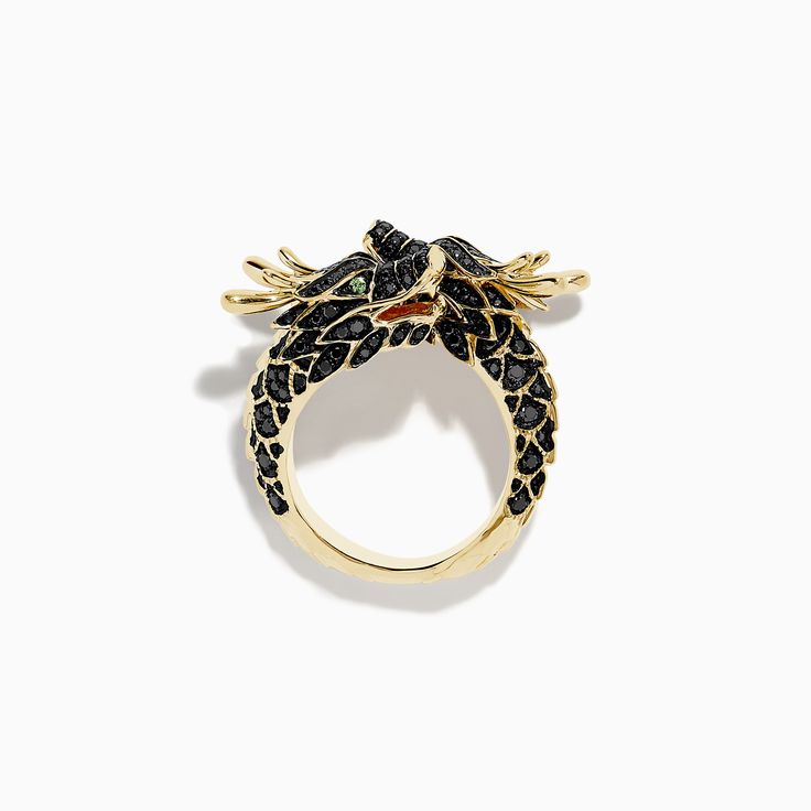 Effy Safari 14K Yellow Gold Black Diamond Double Headed Dragon Ring Black Multi-stone Round Rings, Fine Jewelry Black Cluster Ring, Black Cluster Ring In Fine Jewelry Style, Fine Jewelry Black Ring Stamped 14k, Fine Jewelry Black 14k Gold Ring, Black 14k Gold Jewelry With 17 Jewels, Luxury Black 14k Gold Jewelry With 17 Jewels, 14k Gold Black Jewelry With 17 Jewels, Black 14k Gold Ring Fine Jewelry