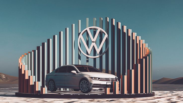 a volkswagen car is parked in front of a building made out of metal pipes and strips