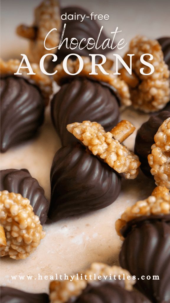 some chocolate covered cookies and nuts on top of a white plate with the words dairy - free chocolate acorns