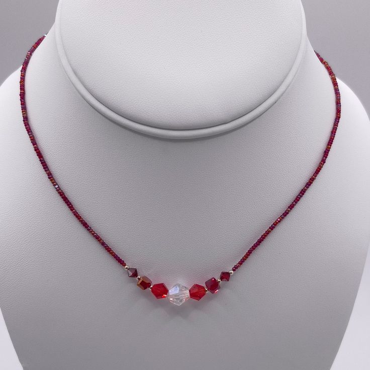 16 Inch Stretch Necklace. Bright Red Ab (Rainbow Coated Effect) Trucut Glass Beads. Red And Clear Crystals With Silver Spacers. Stretch Cord Used. Slip Over Your Head. Handmade Piece. Never Worn. Red Handmade Necklace, Red Crystal Beaded Necklaces With Round Beads, Red Crystal Beaded Necklace With Round Beads, Red Single Strand Beaded Necklace For Party, Red Spacer Beads Jewelry For Party, Red Single Strand Crystal Necklace With Round Beads, Red Crystal Necklace With Single Strand Round Beads, Red Crystal Necklace For Gift, Red Single Strand Jewelry For Party