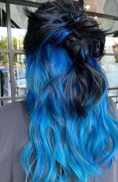 Blue Highlights with Ombre Effect Blue Peekaboo Hair, Blue And Black Hair, Pink Peekaboo Hair, Blue Peekaboo, Peekaboo Hair Color, Peekaboo Hair Colors, Pastel Blue Hair, Hair Color Underneath, Peekaboo Hair