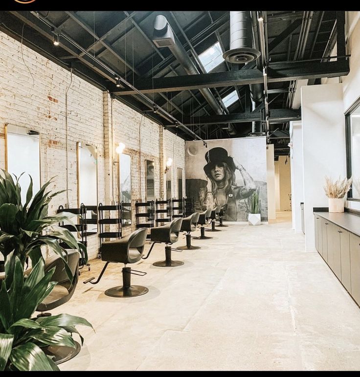 an empty room with chairs and plants in front of a wall mural on the wall