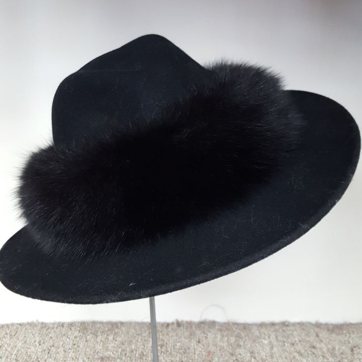 Black Felt Stetson Cowboy Hat With Black Fox Fur Trim Inner Circumference: 22" Elegant Black Hat Bands For Winter, Black Wide Brim Fedora For Winter, Black Wide Brim Top Hat For Winter, Classic Black Cloche Hat For Winter, Chic Black Hat Bands For Winter, Black Fedora Felt Hat For Winter, Black Brimmed Top Hat For Winter, Classic Black Winter Cloche Hat, Black Fur Felt Fedora For Winter