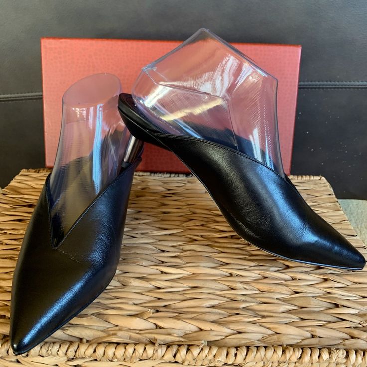 Donald Pliner New In Box. Deep “V” Slip On Shoe Kitten Heel With Metal Detail On Heel Post Black Leather 7 1/2 Pointed Mules, Kitten Heel Shoes, Slip On Shoe, Heel Mules, Metal Detail, Leather Mules, Kitten Heel, Mule Clogs, Mules Shoes