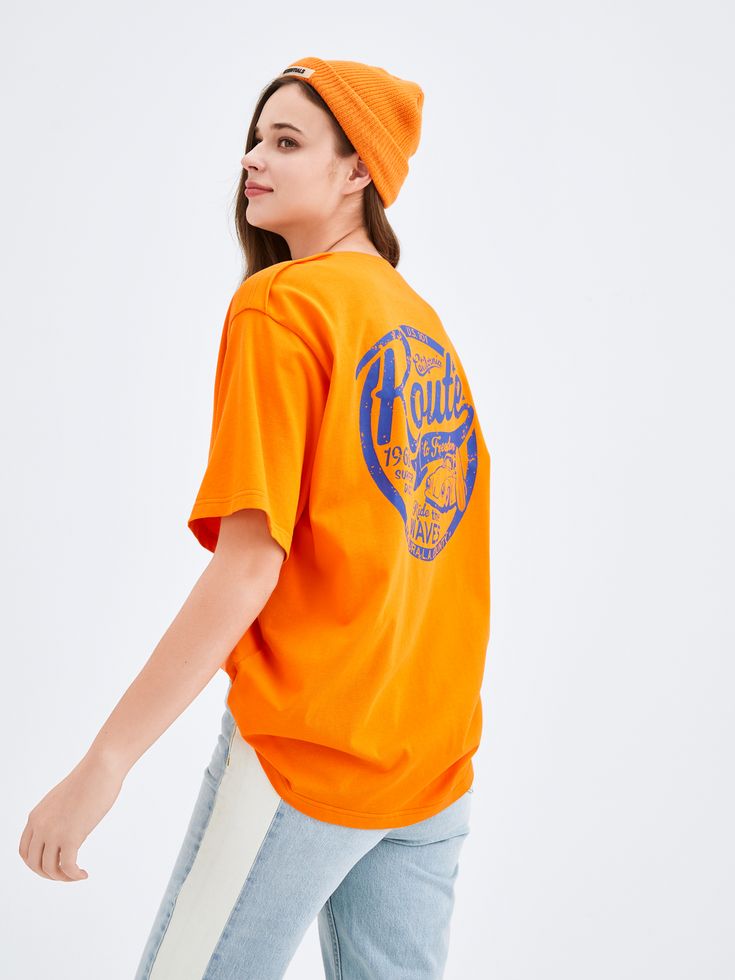 Big Orange Red Tee – Urlazh New York Summer Drop Shoulder T-shirt With Screen Print, Hip Hop Cotton Short Sleeve T-shirt, Hip Hop Short Sleeve Tops With Logo Print, Short Sleeve Screen Print Tops For Streetwear, Screen Print Short Sleeve Tops For Streetwear, Cotton Short Sleeve Top For Streetwear, Trendy Tops With Front And Back Print, Oversized Cotton Short Sleeve T-shirt, Boxy Fit Short Sleeve Cotton Tops