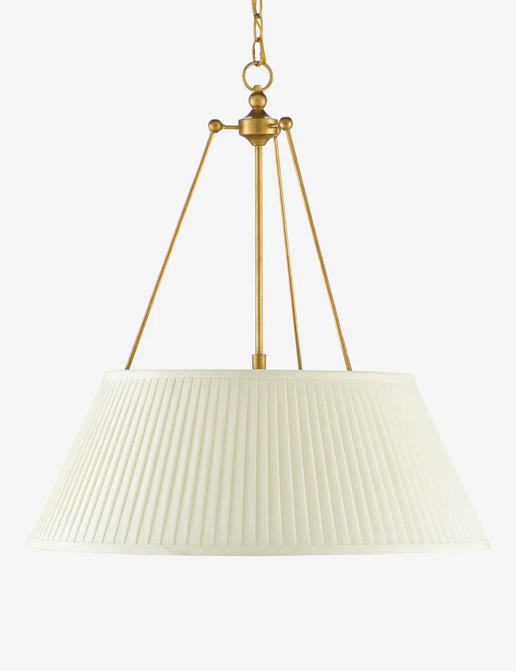 a light fixture with a white pleated shade hanging from it's center point