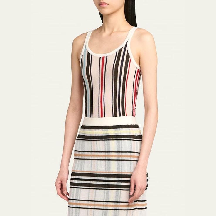 Bottega Veneta stripe knit tank top Scoop neckline Sleeveless Slim fit Pullover style Cotton/nylon/polyamide Made in Italy Striped Fitted Tank Top With Tank Straps, Chic Striped Summer Vest, Fitted Striped Knit Tank Top, Striped Knit Tank Top For Spring, Spring Striped Knit Tank Top, Striped Knit Sleeveless Tank Top, Cocktail Jacket, Knit Tank Top, Cotton Tank Top