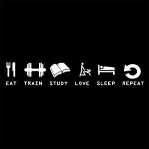 the words eat train study love sleep repeat are in white letters on a black background