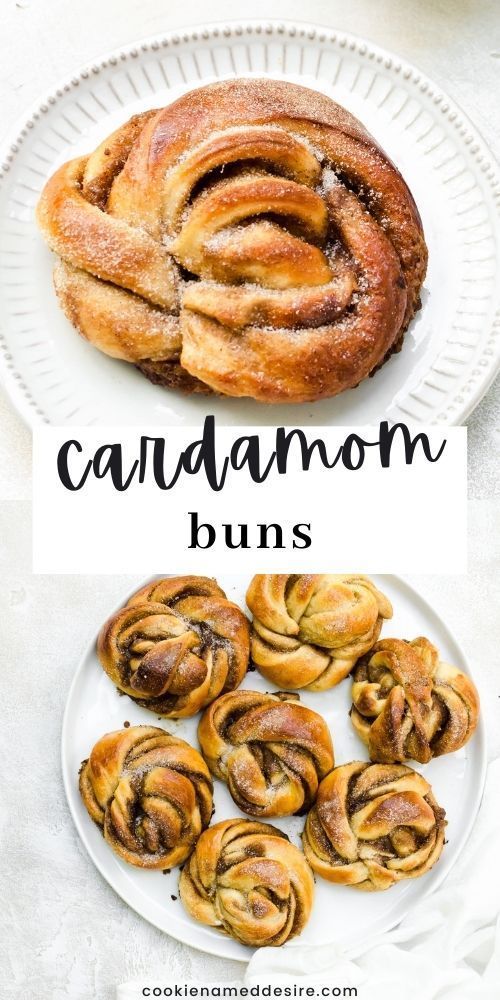 cinnamon buns on a white plate with the title above it