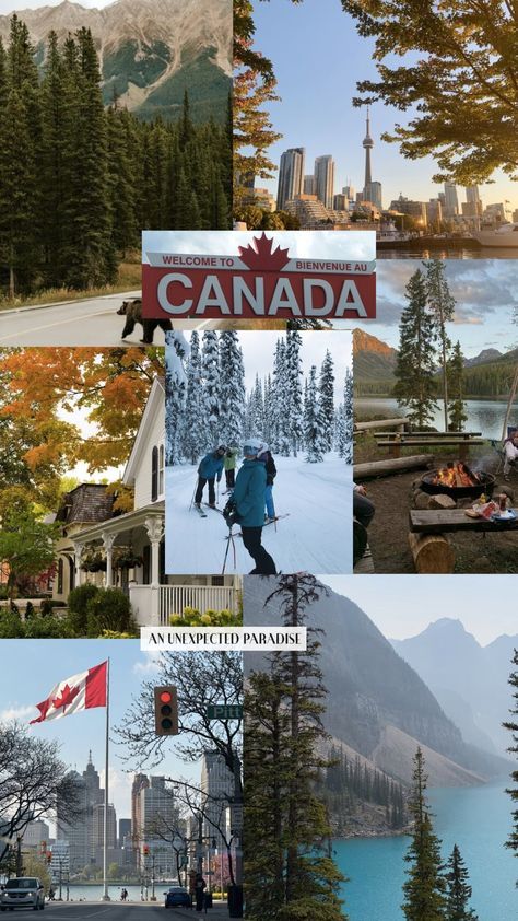 the collage shows many different scenes in canada, including mountains and trees with people on skis