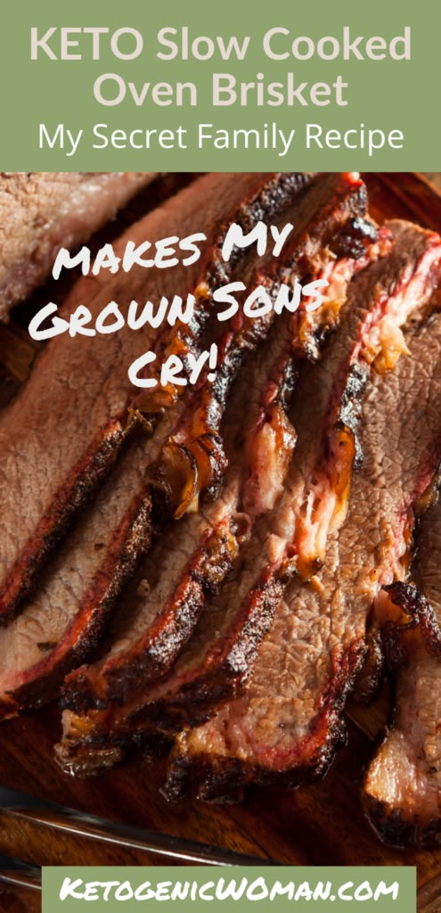 the keto slow cooked oven brisket recipe on a cutting board with text overlay