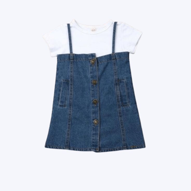 Are you looking for a dress for your toddler or a gift for your friend? Get your little one ready with our cute denim dress. This denim dress is made of good quality cotton and denim material. The material is gentle and comfortable on your girl's skin. It is great for everyday wear. It is comfortable, convenient, and easy to care for and does not show stains adversely. Material: Cotton 1 x Top & 1 x Skirt Denim Material, Dress Set, Denim Vest, Overall Shorts, Set Dress, Denim Dress, A Dress, Little One, Overalls