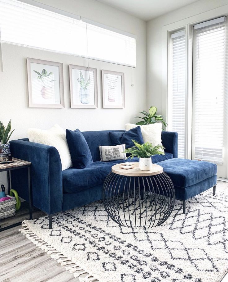 a living room with blue couches and white rugs on the hardwood flooring