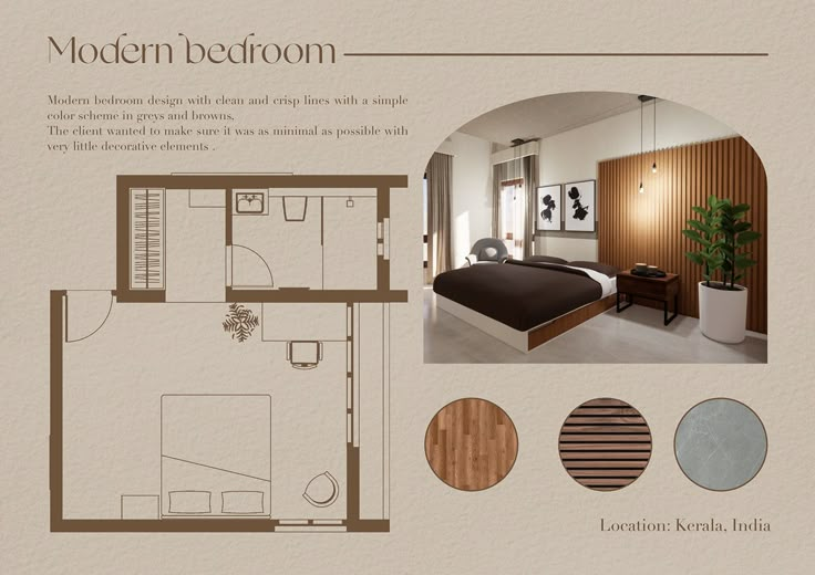 the floor plan for a modern bedroom with wood paneling and white walls is shown