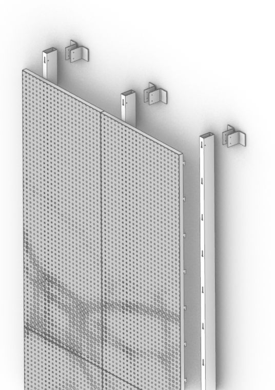 an image of a white wall with metal brackets on the top and bottom part, in black and white