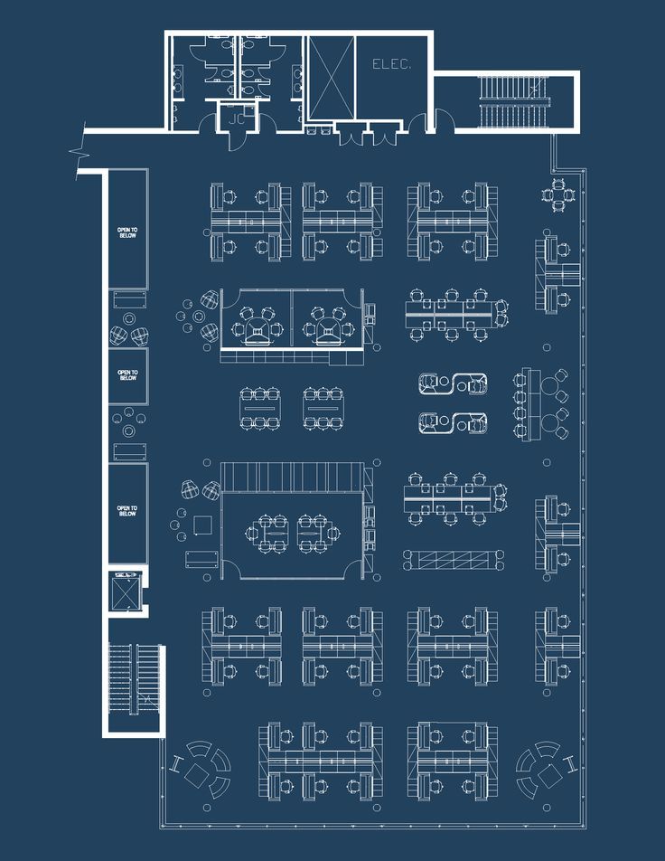 a blueprinted floor plan for an office with several tables and chairs in it