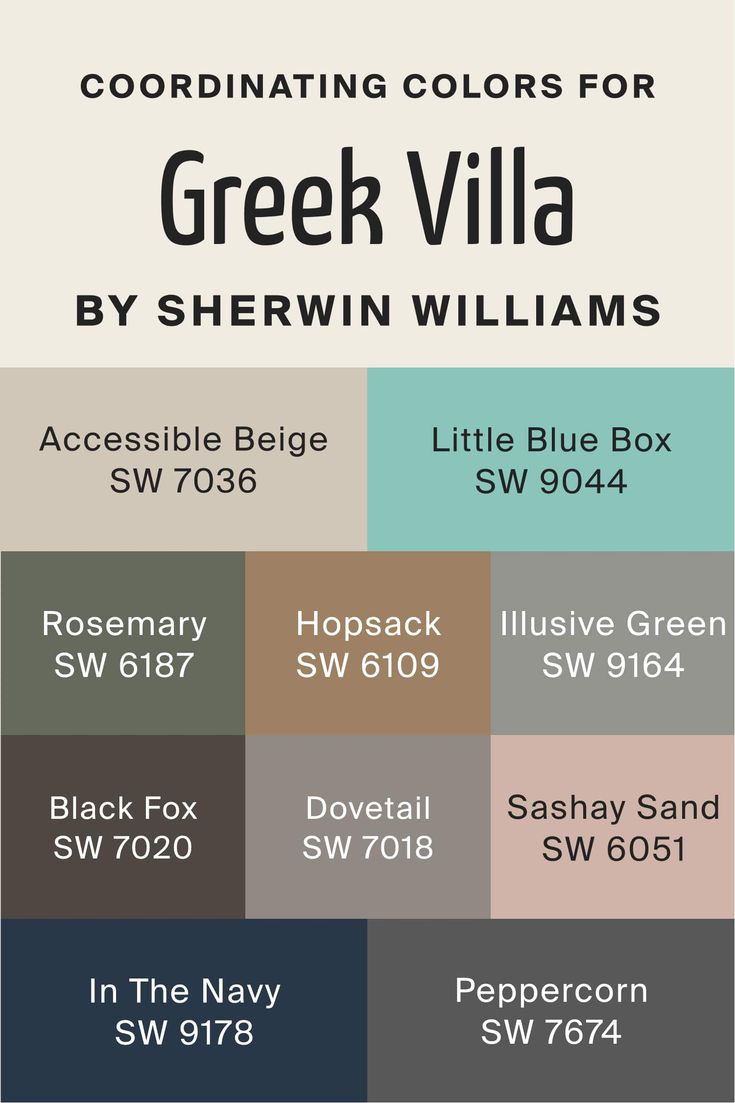 the color scheme for greek villa by sherwin williams, available in several colors