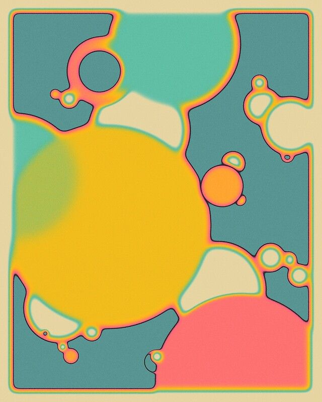 an abstract painting with circles and bubbles in yellow, pink, blue, and green