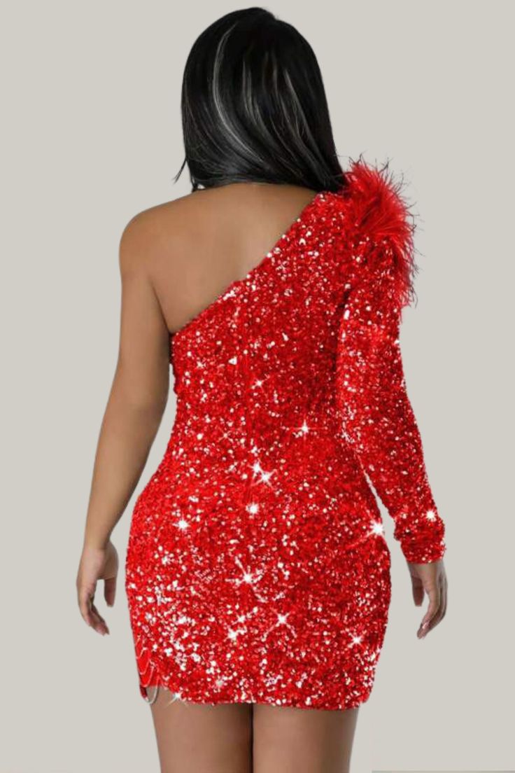 Step into the spotlight with our Divine Embellished One-Shoulder Sequin Dress in ravishing red. Perfect for party glamour, this bodycon dress is adorned with contrast sequins, delivering a luxurious sparkle to every step. The asymmetrical neck and leg-of-mutton sleeves add a touch of drama, while ruched details and a seductive split showcase your style prowess. The high-stretch sequin fabric ensures a snug yet comfortable fit, embracing your natural waistline and tapering into a chic pencil hem. Glamorous Embellished Fitted One Shoulder Dress, Glamorous Fitted Embellished One Shoulder Dress, Glamorous Embellished Fitted One-shoulder Dress, Glamorous Club Dress With Asymmetrical Neckline, Glamorous Embellished Sequin Dress With Asymmetrical Neckline, Glamorous Embellished One Shoulder Dress For Prom, Glamorous Off-shoulder Embellished Mini Dress, Glamorous Fitted One Shoulder Dress For Holidays, Embellished Fitted One Shoulder Dress For Party Season