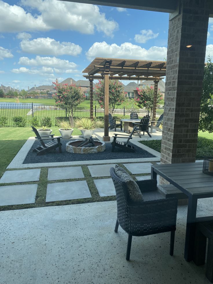 an outdoor patio with seating and fire pit