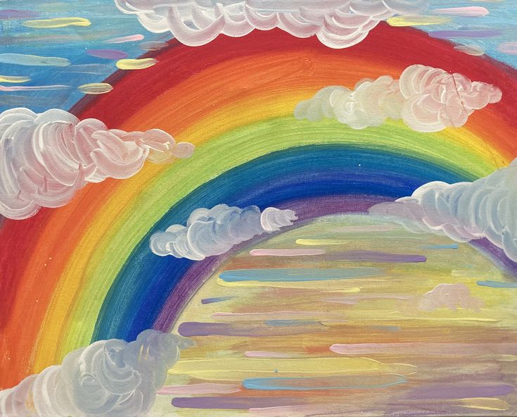 a painting of a rainbow with clouds in the sky