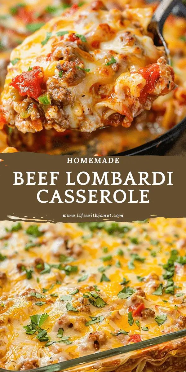 homemade beef lombardi casserole in a glass baking dish