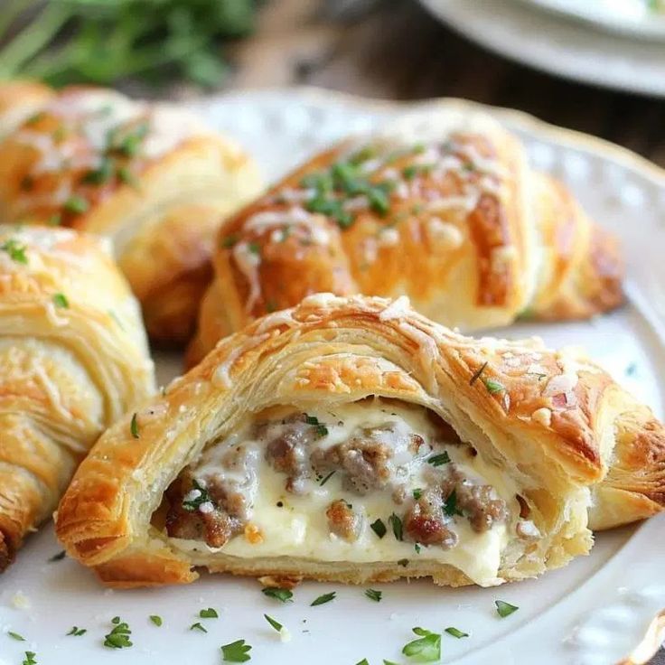 several pastries on a white plate with parsley sprinkled around the edges