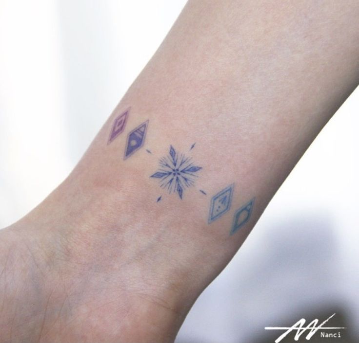 a small tattoo on the wrist of a woman's left arm with geometric shapes