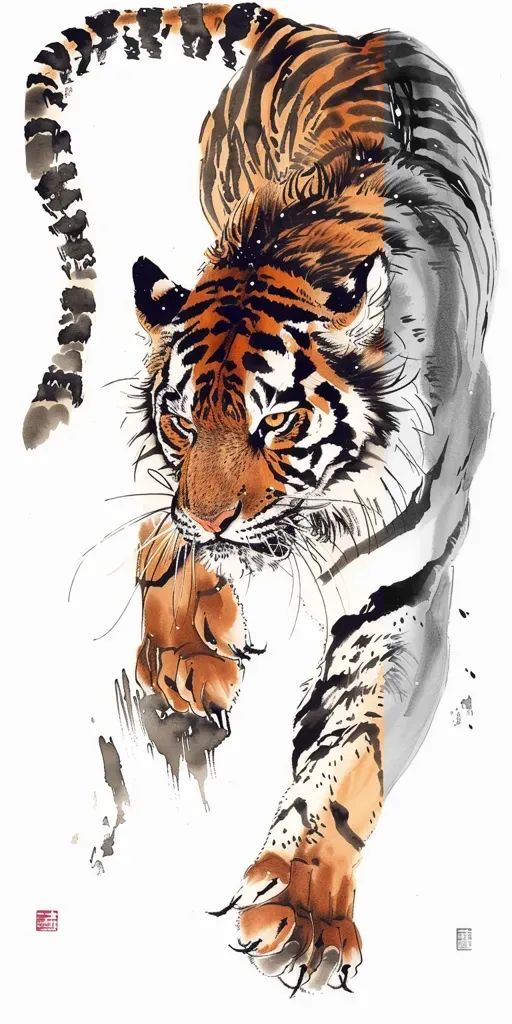 a painting of a tiger walking across a white ground with its paw in the air