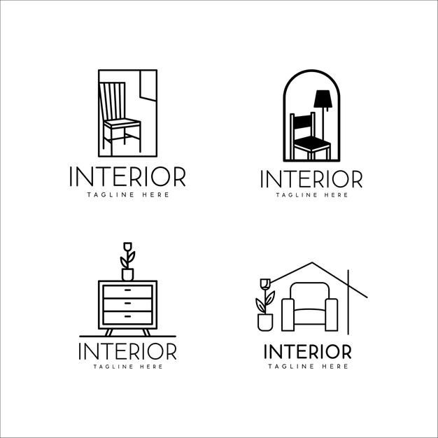 four black and white logos for interior furniture stores, including a bed, chair, desk, mirror