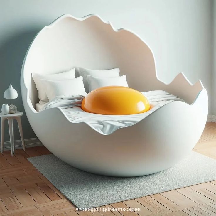 a bed with an egg in it on top of a rug next to a wall