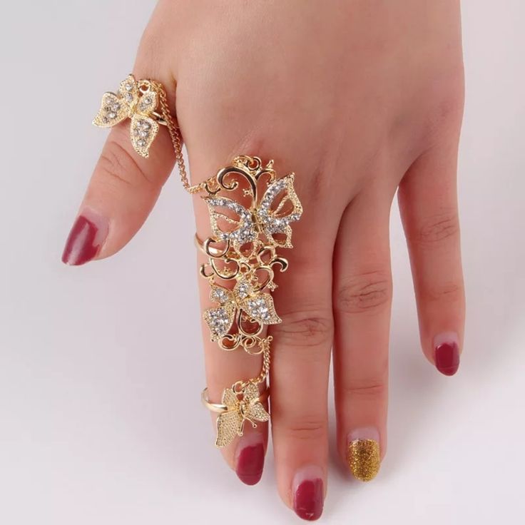 Rhinestone Flower Butterfly Full Finger Ring Adjustable Elegant Spring Jewelry With Rhinestones, Gold Flower Ring For Party, Gold Flower Jewelry With Rhinestones, Adjustable Flower Ring For Party, Flower-shaped Jeweled Wedding Jewelry, Flower Shaped Jeweled Wedding Jewelry, Elegant Adjustable Butterfly Ring For Party, Full Finger Ring Gold, Beading Rings