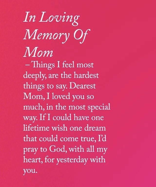 the poem in loving memory of mom is shown on a pink background with white lettering