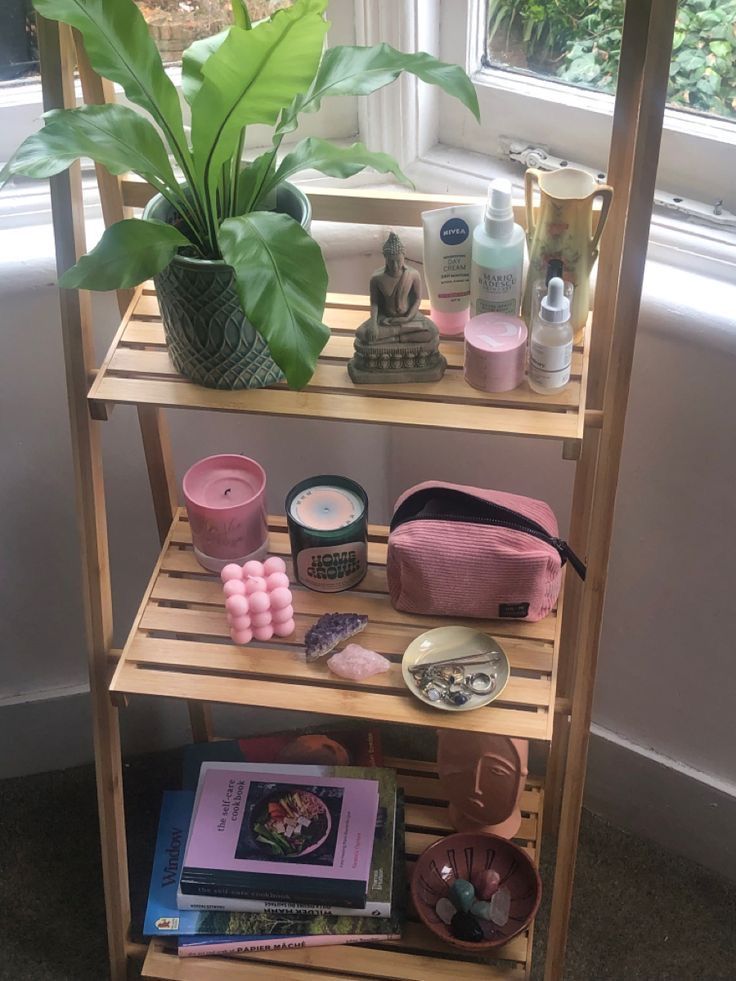 a wooden shelf with various items on it next to a potted plant and window