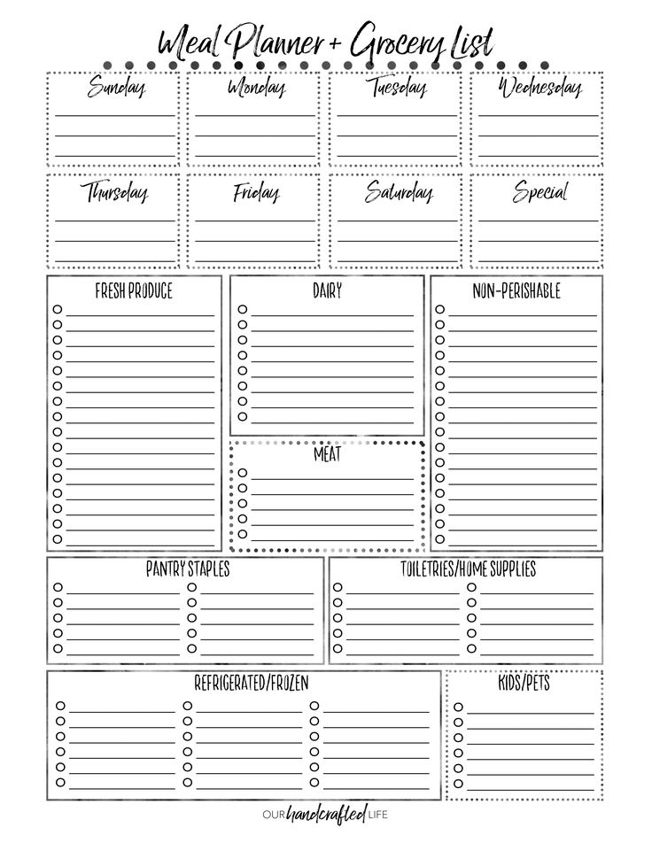 the meal planner and grocery list is shown in this printable recipe book, which has been