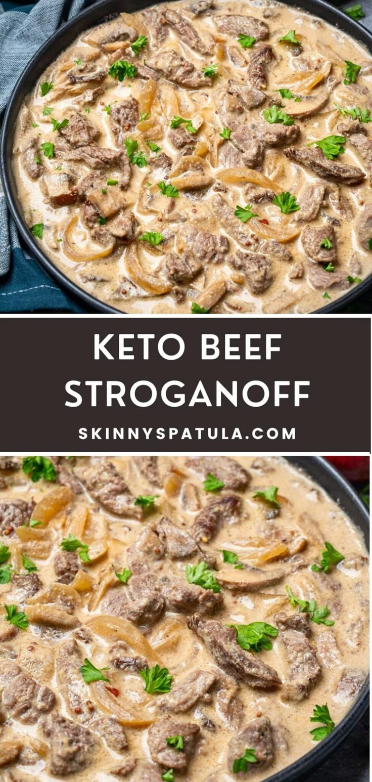 keto beef stroganoff in a skillet with parsley on top