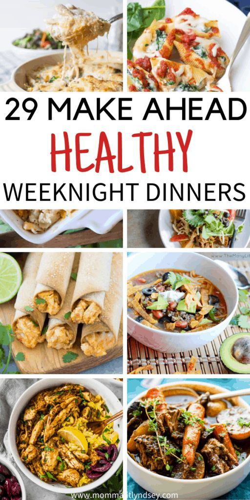 healthy meal collage with text overlay that reads 29 make ahead healthy weeknight dinners