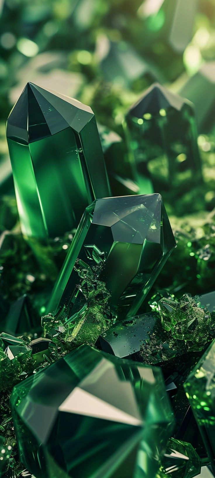 green crystals are scattered on the ground in this artistic photo, with bright sunlight shining through them