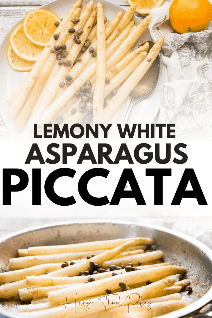 lemony white asparagus piccata in a pan with text overlay