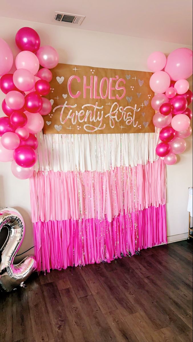 Streamer backdrop 
21st birthday themes 
21 
21st birthday 
Pink birthday ideas 
Pink birthday outfits 
Birthday 
Girlie birthday theme 21st Birthday Wall Decorations, Pretty In Pink 21st Birthday, 21st Birthday Essentials, College Birthday Decorations, 21st Birthday Themes For Her At Home, 21st Birthday Ideas Decorations Pink, 21st Birthday Ideas Pink And Gold, 21st Birthday Ideas Without Alcohol, Pink Birthday Photo Wall