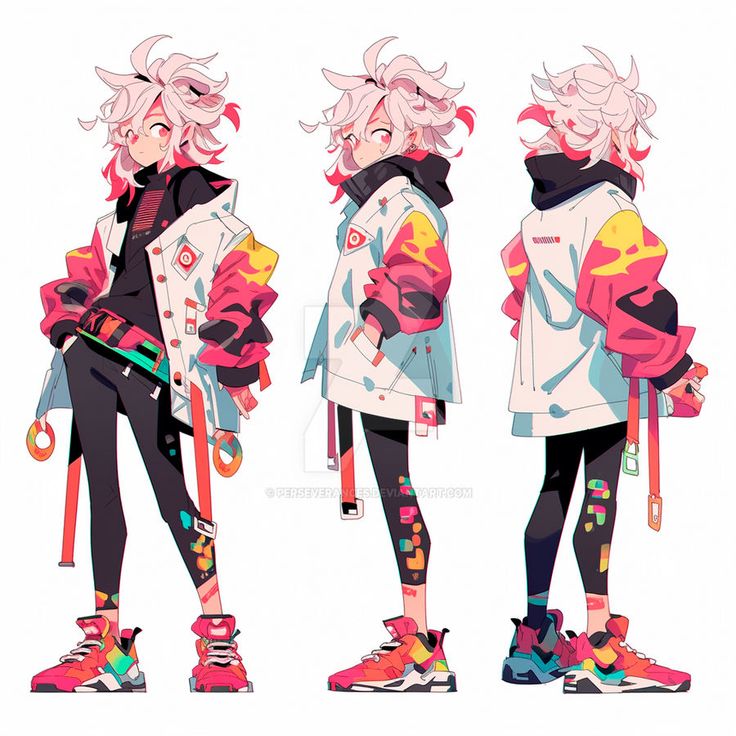 three different views of an anime character with pink hair and white hair, wearing colorful clothes