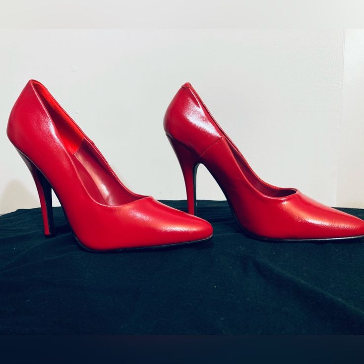 Brand New Red Patent Leather Pump Red High Heel Faux Leather Heels, Red Faux Leather High Heels, Fitted Red Faux Leather Heels, Red Synthetic Heels For Office, Pleaser Shoes, Patent Leather Pumps, Shoes Brand, Shoe Brands, Shoes Women Heels