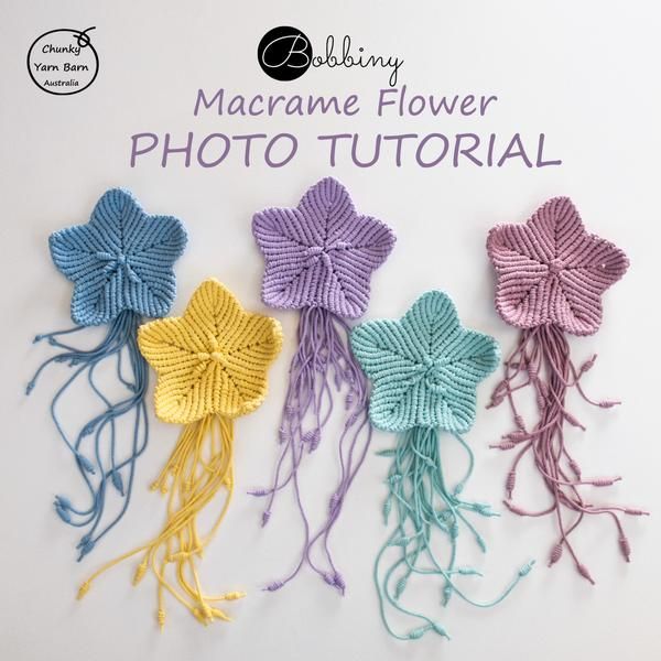 four crocheted flowers with the words macrame flower photo tutor above them