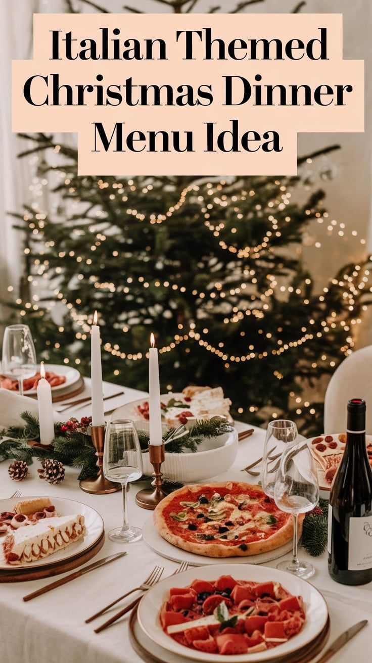 a table set for christmas dinner with pizza and wine