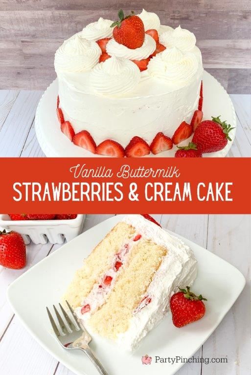 vanilla buttermilk strawberries and cream cake with fresh strawberries on the side