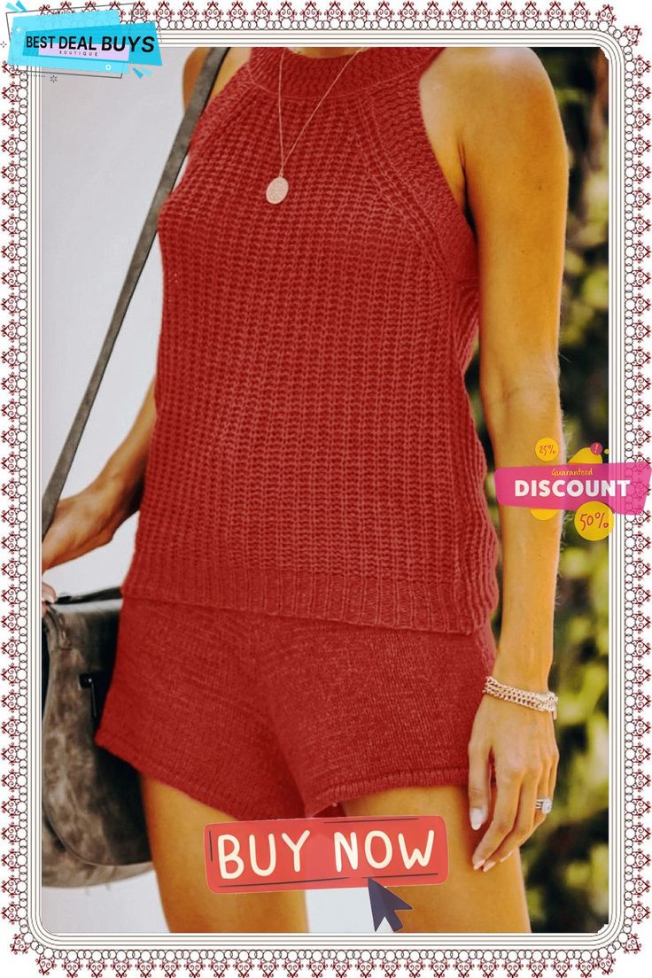 Round Neck Knit Sleeveless Two Pieces Sets Red Knit Sleeveless Sweater Vest, Red Sleeveless Knit Sweater Vest, Red Sleeveless Sweater Vest For Summer, Sleeveless Knit Top For Vacation, Sleeveless Knit Tops For Loungewear, Sleeveless Knit Top For Fall Loungewear, Casual Red Knit Tank Top, Sleeveless Knitted Summer Knit Top, Casual Sleeveless Sweater Vest For Vacation